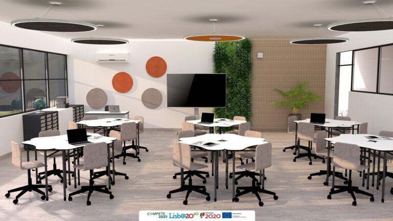 Sala de aula com mesas redondas, cadeiras, computadores portáteis, um ecrã na parede e plantas.