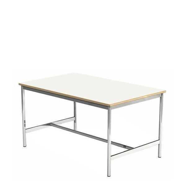 Mesa de trabalho rectangular com tampo claro e pernas metálicas.