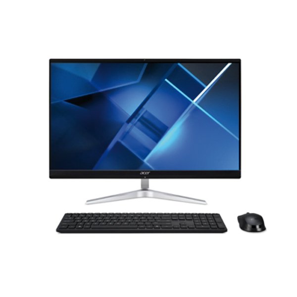 Computador de secretária com monitor, teclado e rato pretos.