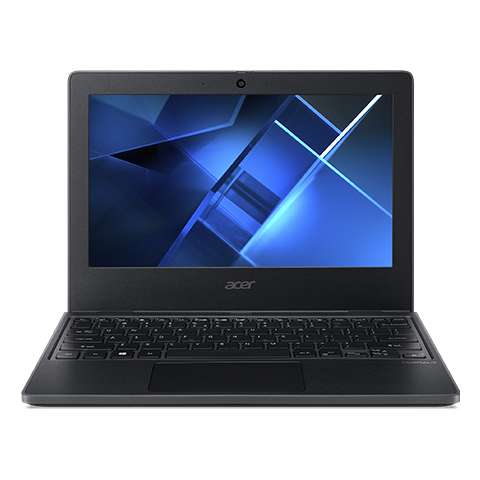 Computador portátil Acer TravelMate B3 preto, aberto e visto de frente, com padrão azul no ecrã.