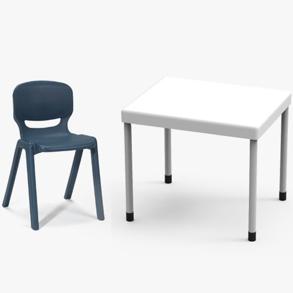 Conjunto de cadeira Ergos One azul e mesa MAIS branca com pernas metálicas.