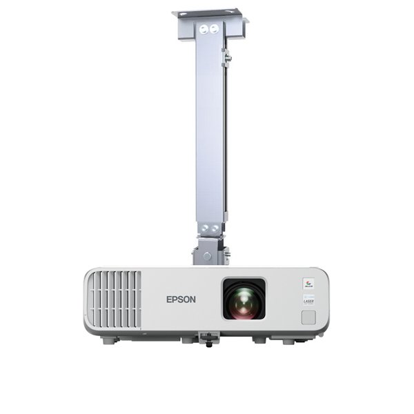Projector Epson EB-L260F branco sobre suporte metálico, com lente e grelhas de ventilação visíveis.
