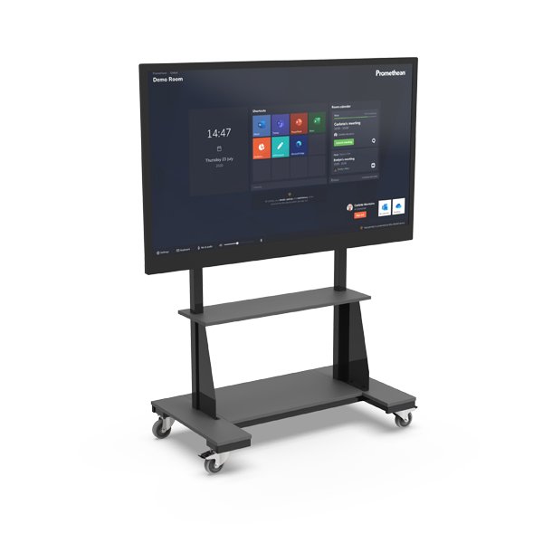 Netboard New Basic Móvel com ecrã Promethean e suporte com prateleira e base cinzentas.