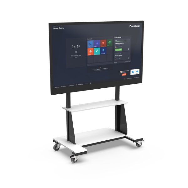 Netboard New Basic M&oacute;vel com ecr&atilde; Promethean e suporte com prateleira e base cinzentas.