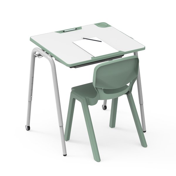 Conjunto de mesa Ergos Edge e cadeira verde, com superfície de escrita inclinada, lápis e esquadro.