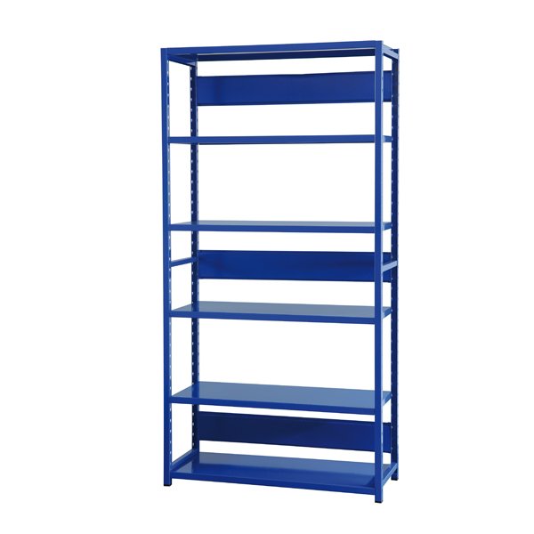 Estante metálica azul com prateleiras.