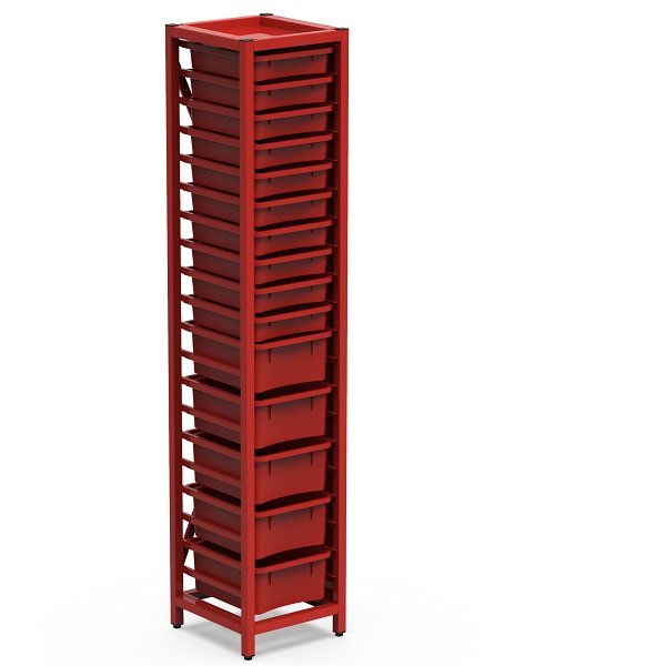 Armário metálico vermelho com uma coluna de tabuleiros.