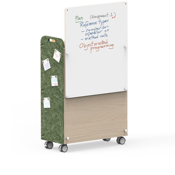 Móvel com rodas, painel lateral verde e quadro branco elevado com anotações.