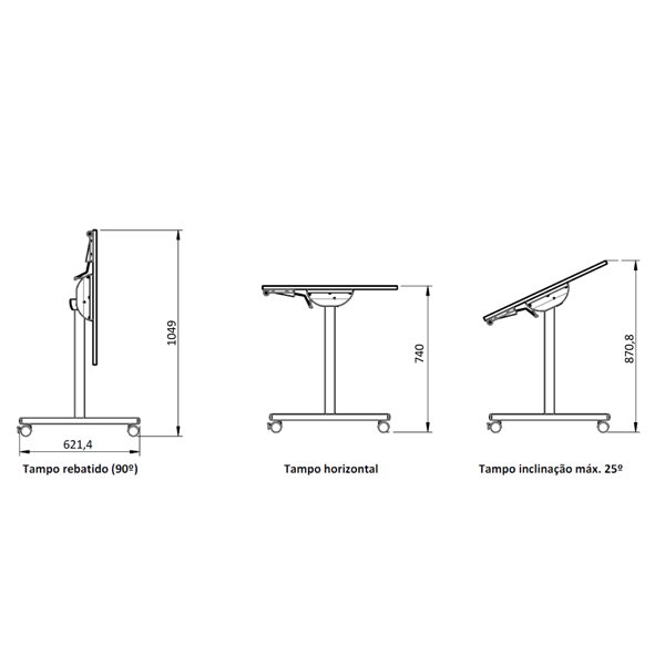 Desenho técnico da mesa HT, com vistas laterais em diferentes posições e cotas.