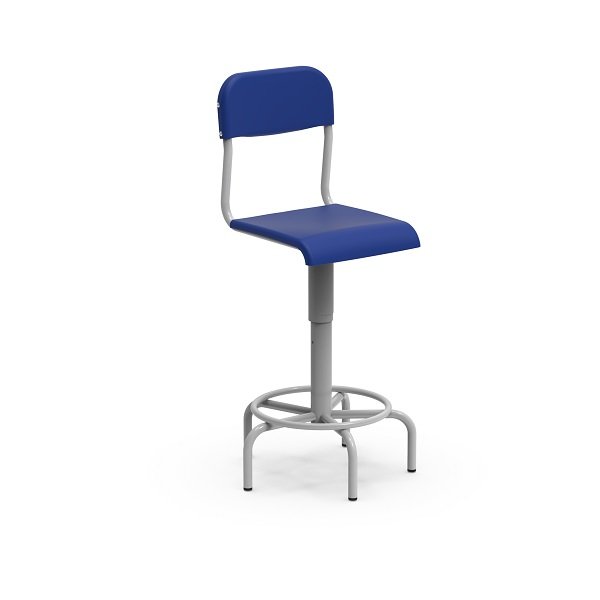 Cadeira de desenho MAIS com assento azul, encosto, apoio circular para os pés e estrutura metálica cinzenta.