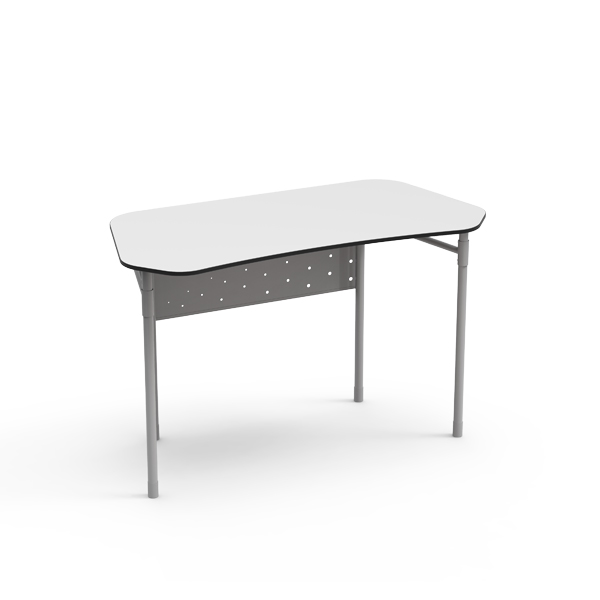 Mesa Desk 21 Professor com tampo branco, pernas metálicas cinzentas e painel frontal com perfurações circulares.