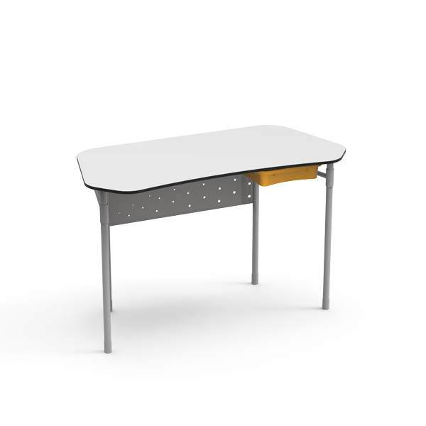 Mesa Desk 21 Professor com tampo branco, pernas metálicas cinzentas, painel frontal perfurado e gaveta amarela.