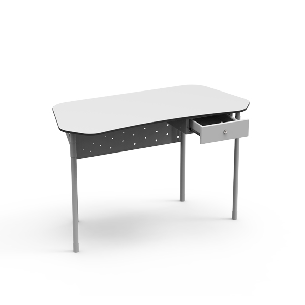 Mesa Desk 21 Professor com tampo rectangular de cantos arredondados, painel frontal perfurado e gaveta.