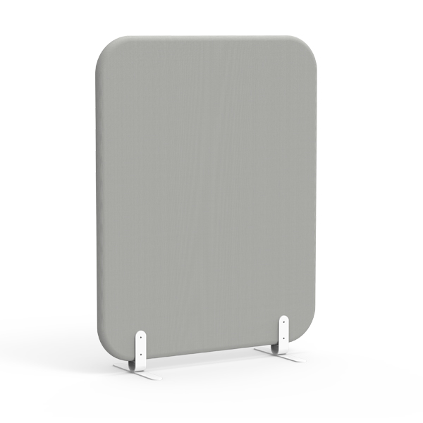 Painel acústico MUTE fixo, rectangular e cinzento, com cantos arredondados e pés metálicos brancos.
