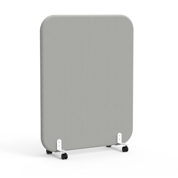 Painel acústico MUTE móvel, rectangular e cinzento, com estrutura metálica branca e rodas pretas.