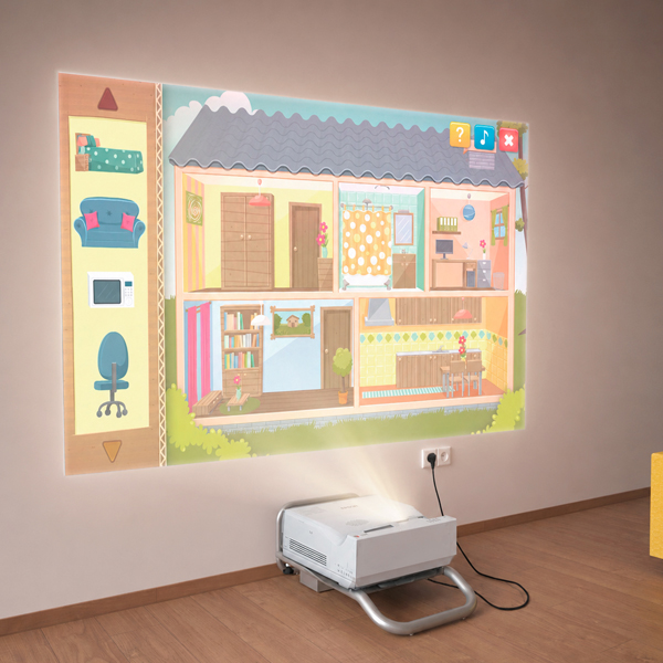 Netboard Portable colocado no chão a projetar um jogo educativo na parede.