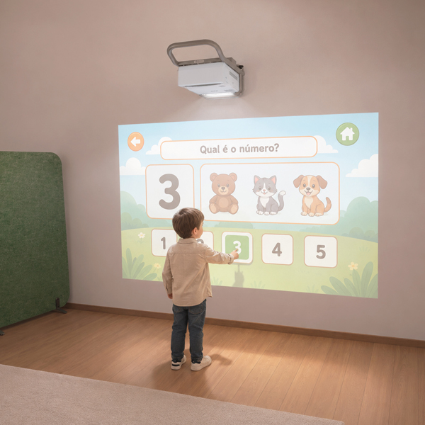 Criança a seleccionar um número num jogo projetado na parede pelo Netboard Portable.