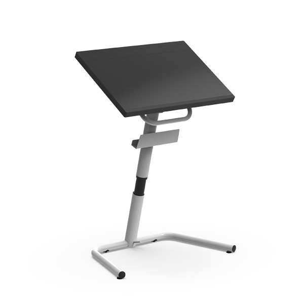 Mesa com tampo preto inclinado, coluna central com segmento preto e base metálica cinzenta.