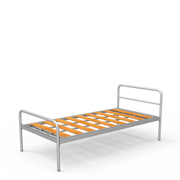 Cama individual com estrutura metálica e estrado de ripas de madeira, sem colchão.