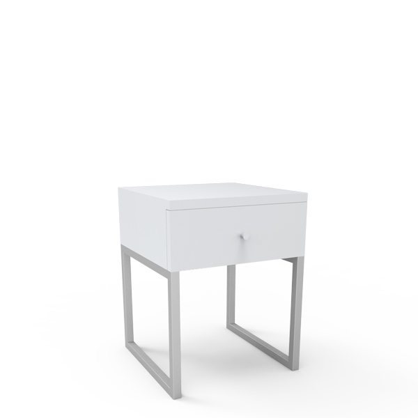 Mesa de cabeceira branca com uma gaveta e pernas metálicas.