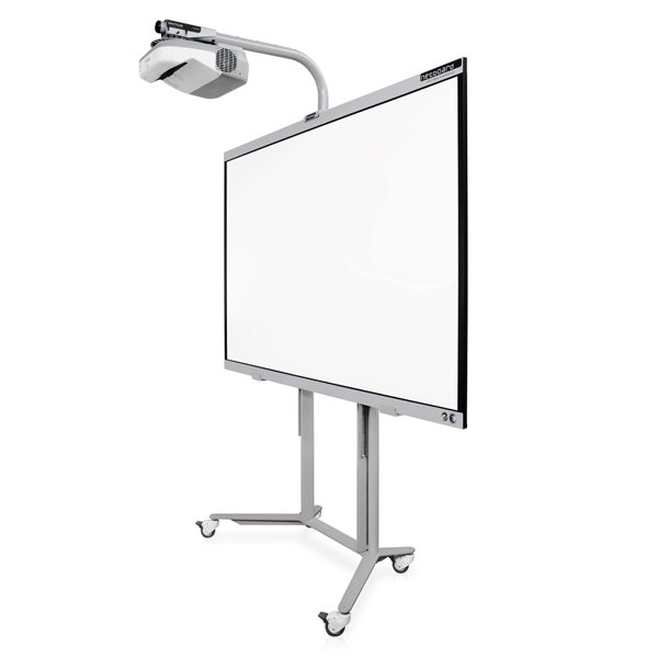 Netboard Easy M&oacute;vel com quadro branco, projetor superior e base com rodas, visto em perspetiva.