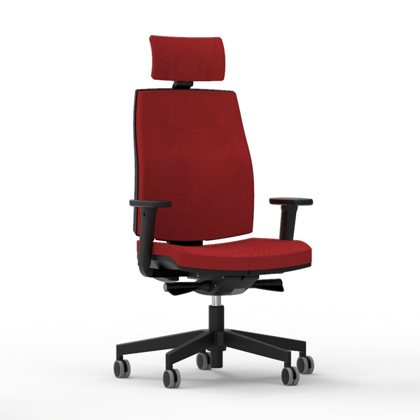 Cadeira Nova Office Oracle com estofos vermelhos, encosto alto, braços, apoio de cabeça e base preta com rodas.