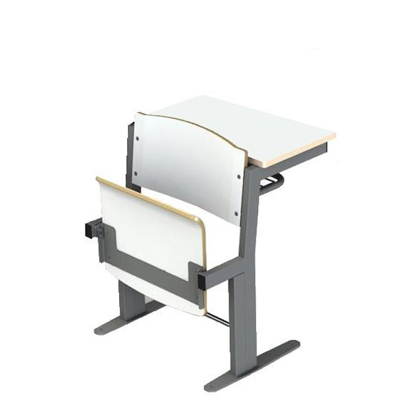 Mesa com cadeira integrada para anfiteatro, com superfícies de madeira clara e estrutura metálica cinzenta.