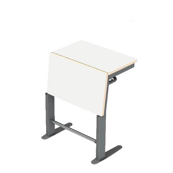 Mesa para anfiteatro com superfície de escrita inclinada e estrutura metálica cinzenta.