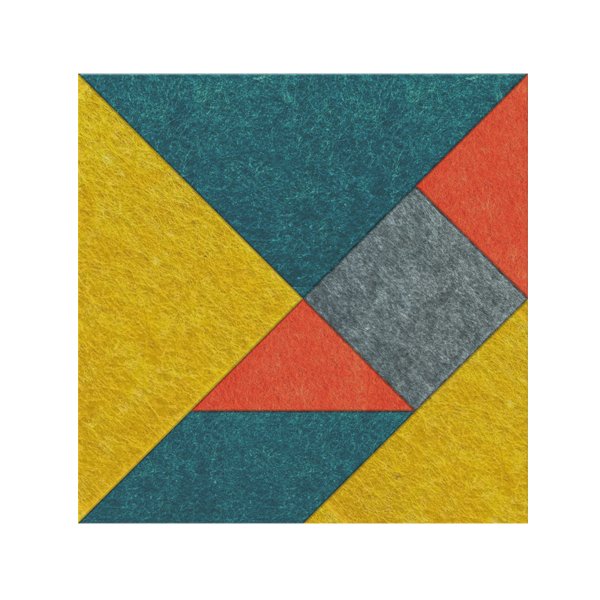 Pe&ccedil;as geom&eacute;tricas MUTE Tangram de v&aacute;rias cores dispostas em quadrado.