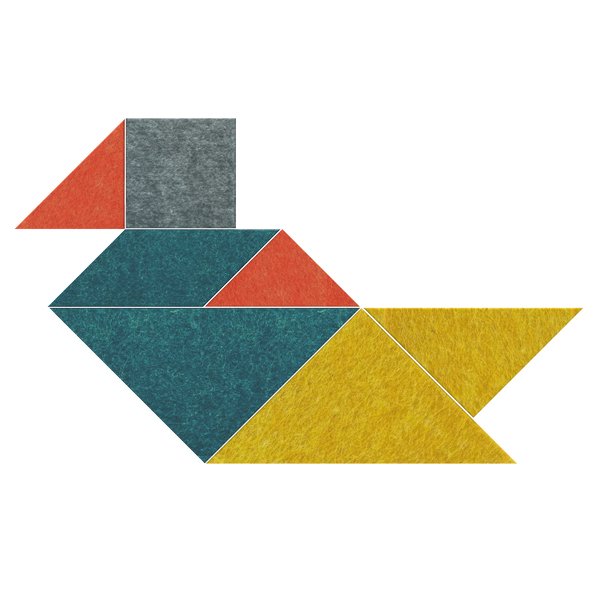 Peças MUTE Tangram vermelhas, azuis, amarelas e cinzentas dispostas em forma de pássaro.