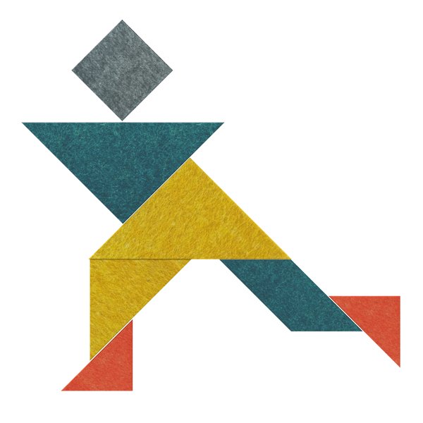 Peças MUTE Tangram de várias cores dispostas em forma de pessoa a correr.