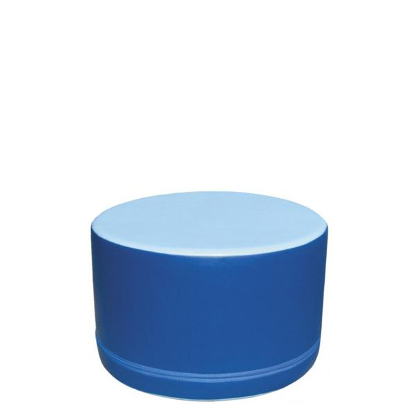 Pufe redondo azul de forma cilíndrica.