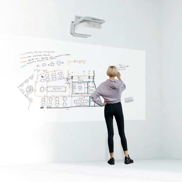 Pessoa diante de um quadro branco com diagramas e anotações.