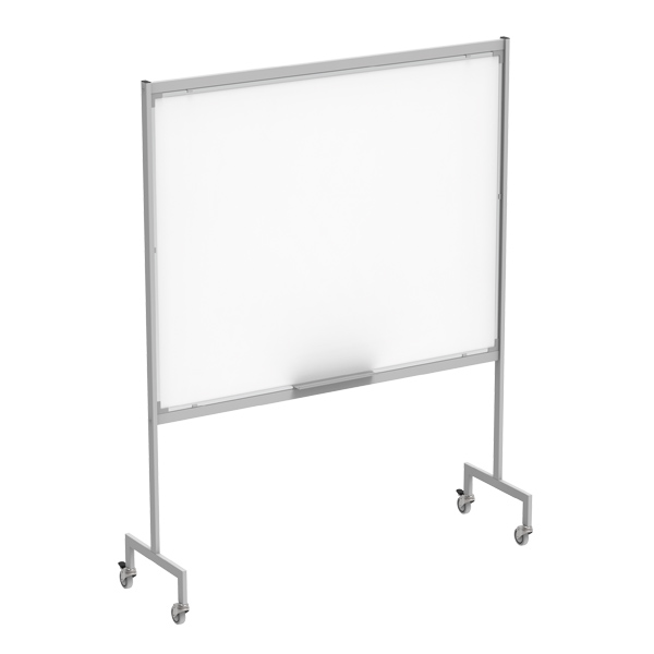 Quadro branco m&oacute;vel com estrutura met&aacute;lica, rodas e tabuleiro para marcadores.
