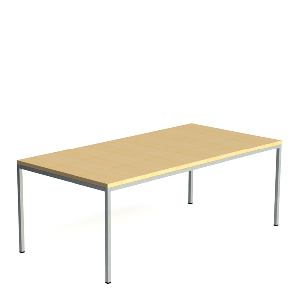 Mesa de refeição RETA com tampo rectangular de madeira clara e pernas metálicas.