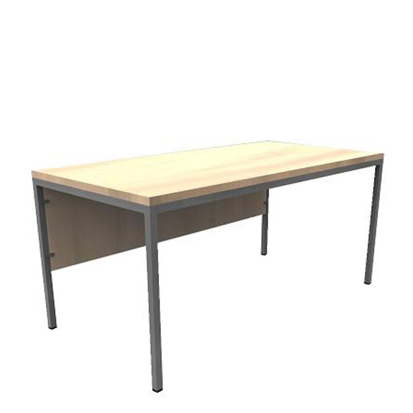Mesa RETA com tampo de madeira clara, pernas metálicas e painel frontal.