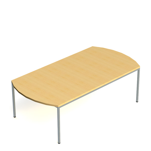 Mesa de reunião RETA com tampo rectangular de extremidades curvas e pernas metálicas.