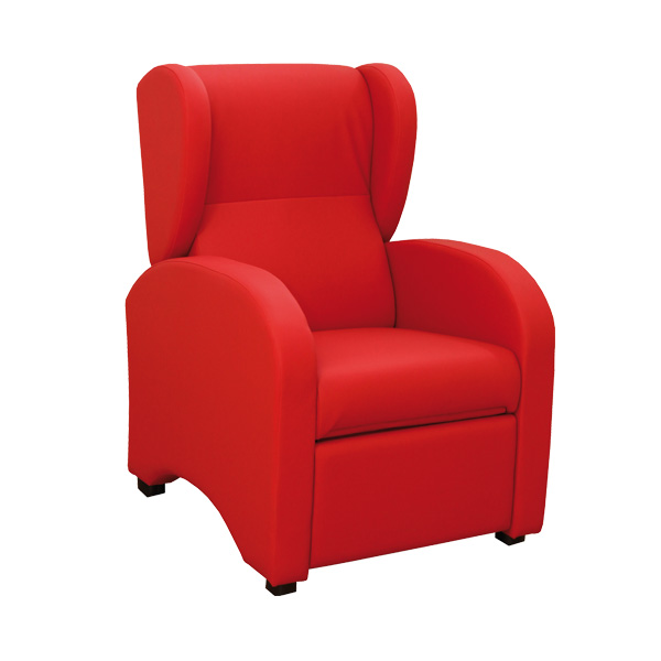 Cadeirão reclinável vermelho com encosto alto, braços e apoio para os pés.