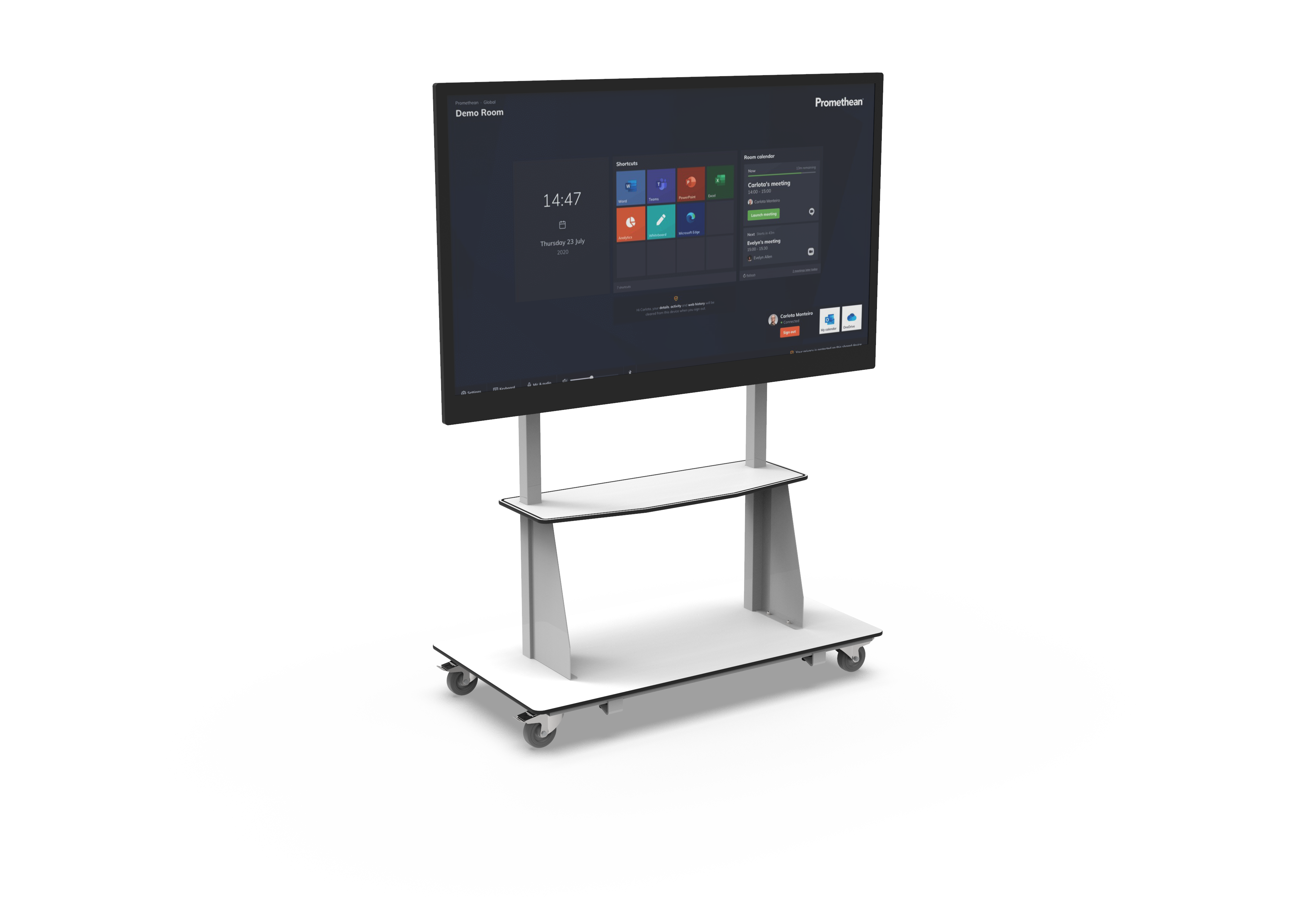 Netboard New Basic Móvel com ecrã Promethean sobre suporte branco com rodas.