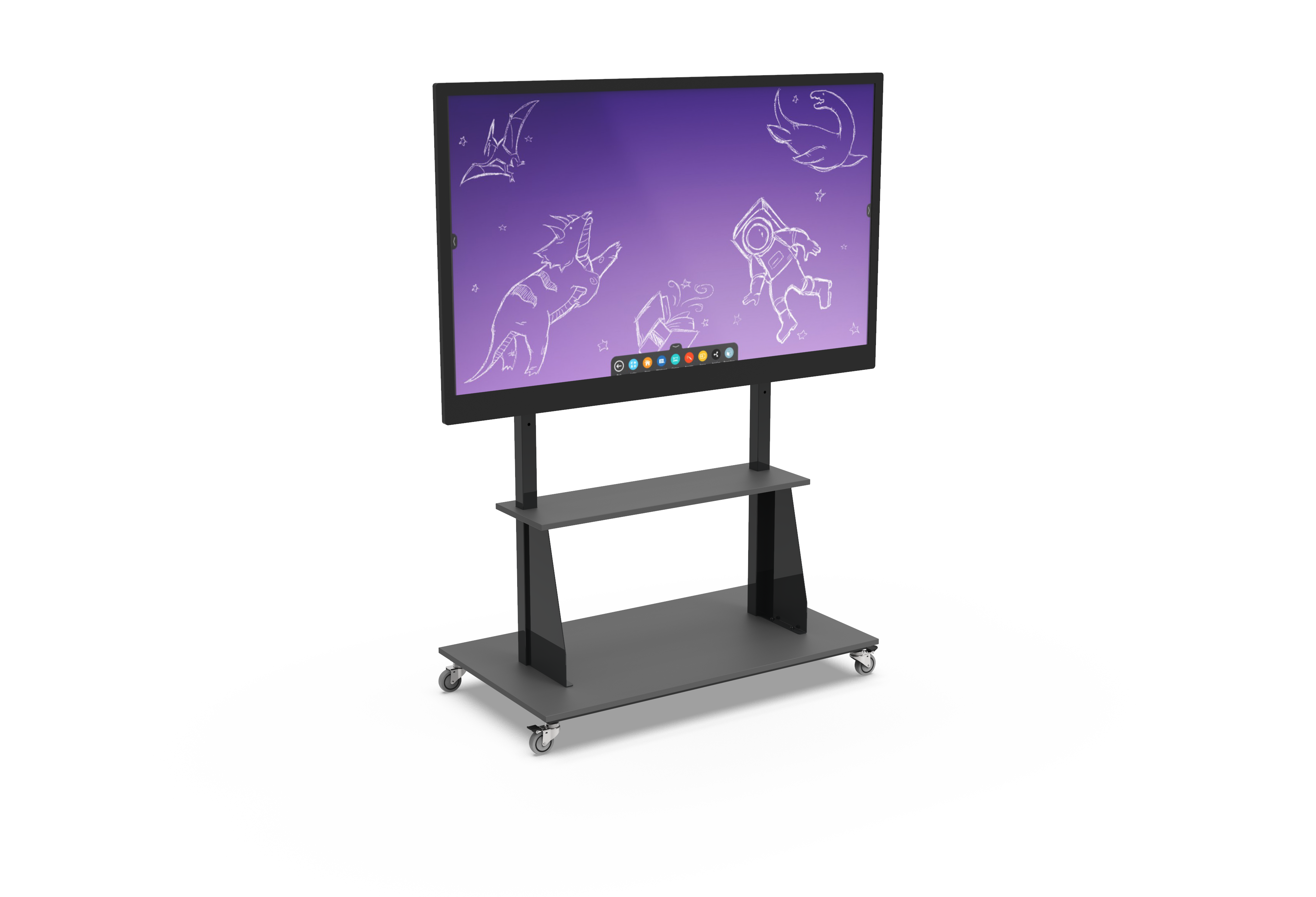 Netboard New Basic Móvel com suporte cinzento e ecrã a apresentar desenhos sobre fundo roxo.