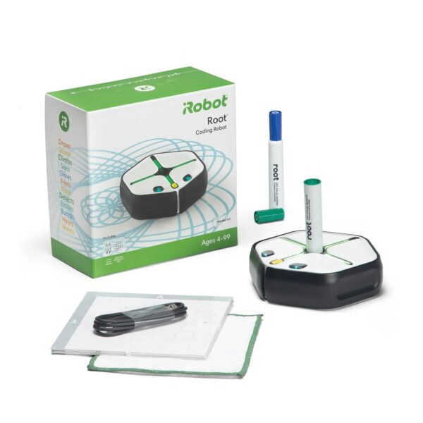 Kit de programa&ccedil;&atilde;o Root RT1 com rob&ocirc;, marcadores, cabo de carregamento, folhas de desenho e embalagem.