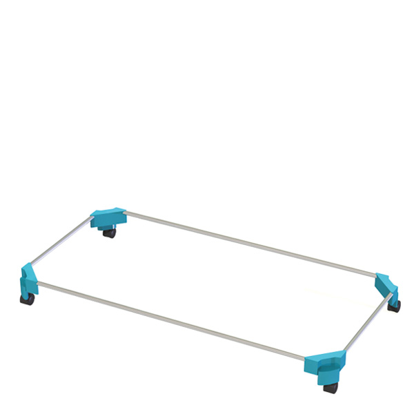 Base metálica rectangular para catres, com cantos azuis e rodas.