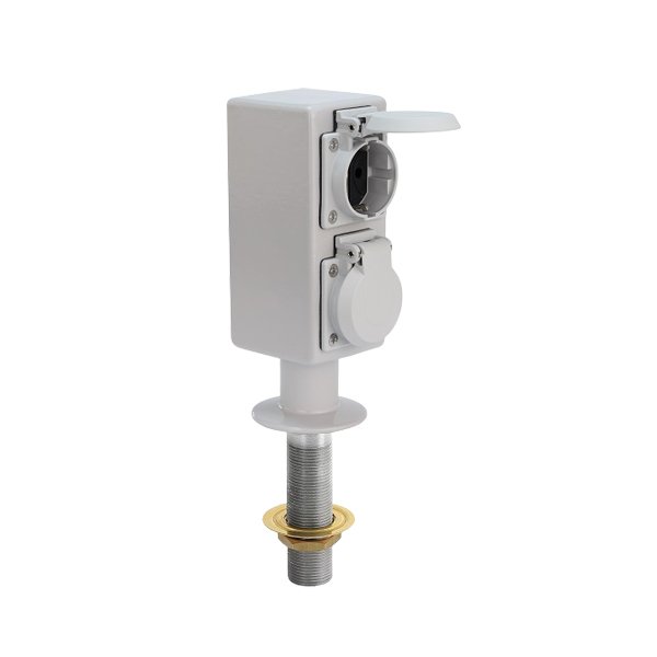 Bloco de electrificação com duas tomadas protegidas por tampas e suporte de montagem roscado.