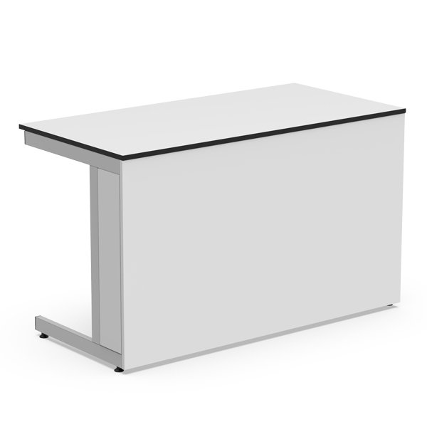 Bancada branca com tampo rectangular, painel frontal e apoio metálico lateral.