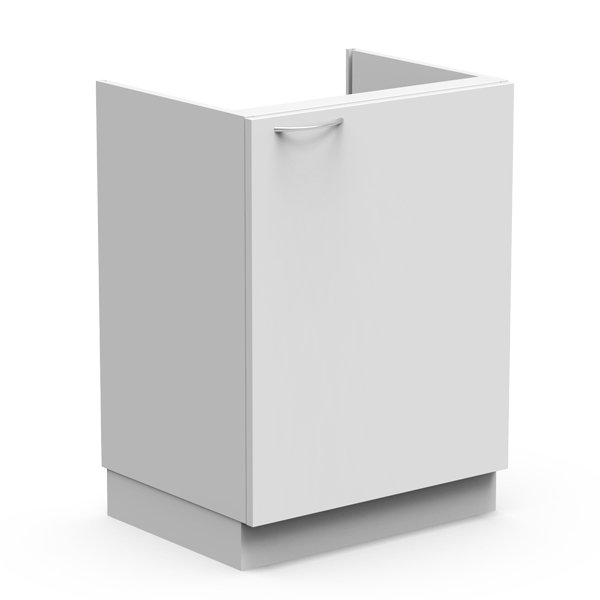 Módulo de lavagem branco com uma porta e aberturas superior e posterior.