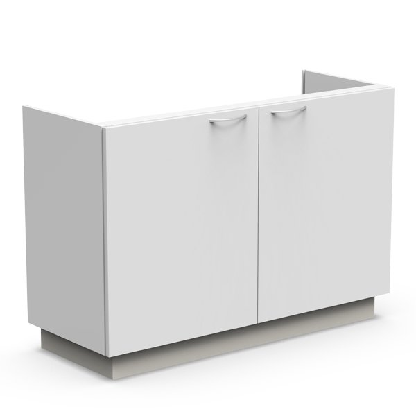 Módulo de lavagem branco com duas portas, sem tampo e com abertura posterior.