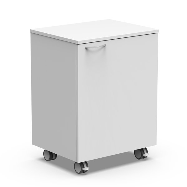 Módulo branco com uma porta, puxador curvo e rodas.