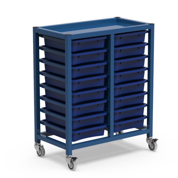 Móvel metálico azul com duas colunas de tabuleiros e rodas.