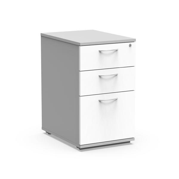 Bloco alto Atlantic branco e cinzento com três gavetas e fechadura na gaveta superior.
