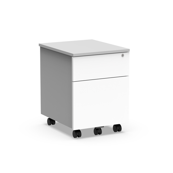 Bloco Atlantic branco com duas gavetas, fechadura e rodas pretas.
